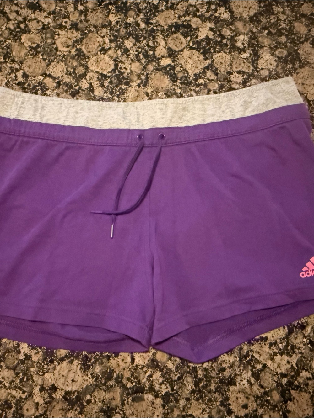 Adidas Purple Athletic Shorts with Gray Waistband and Pink Logo